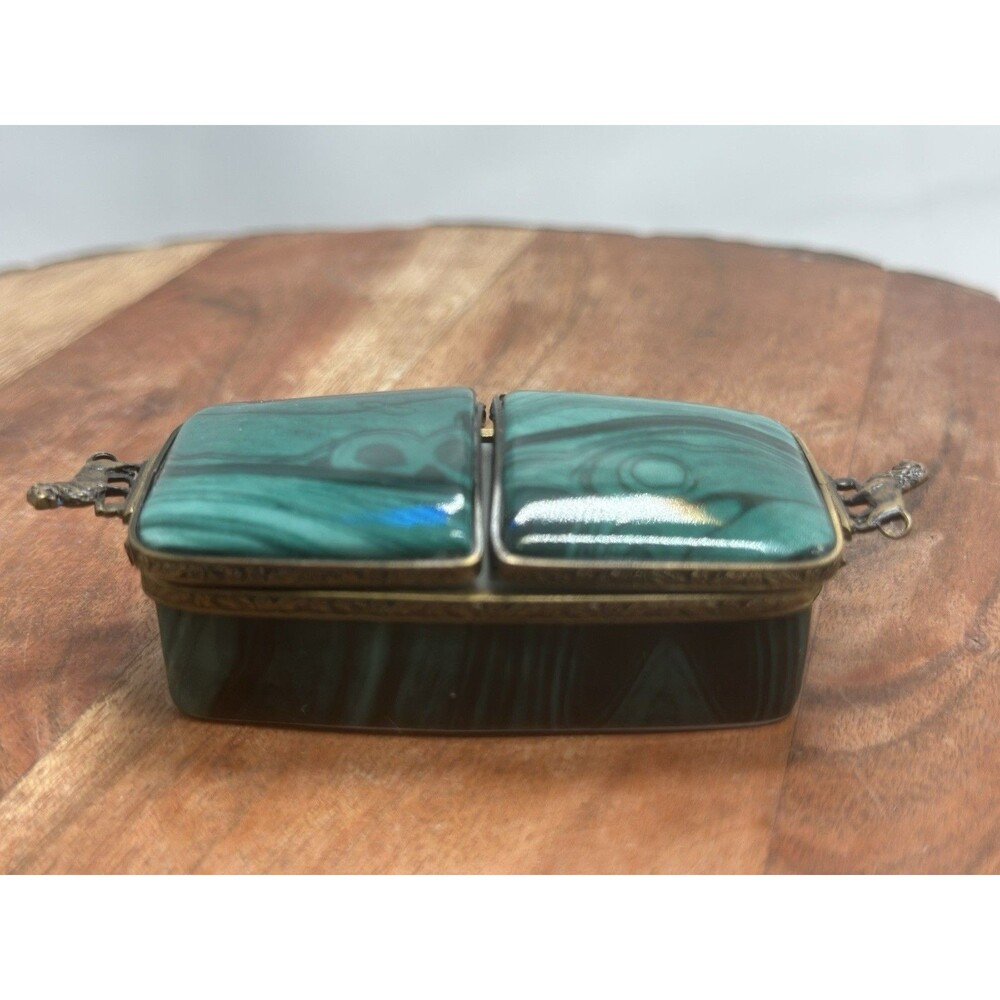 LIMOGES France French Lion Accents Trinket Box Malachite Marble Double RARE